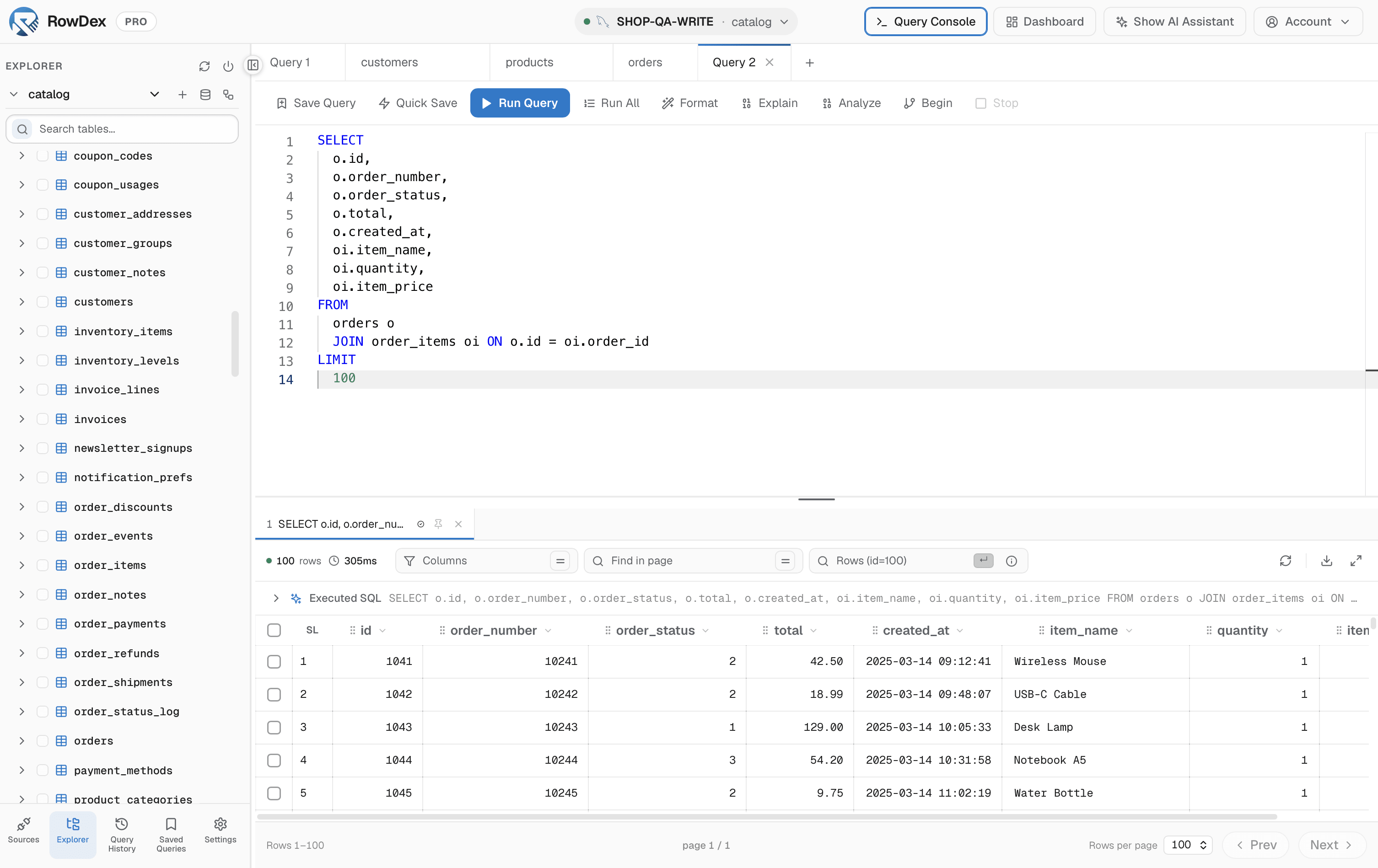 RowDex query console: a SQL editor with a results grid and a sidebar listing the database's tables.