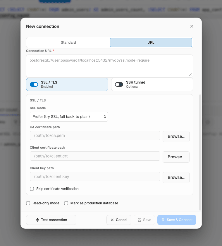 The connection form with the SSL / TLS and SSH tunnel sections switched on.