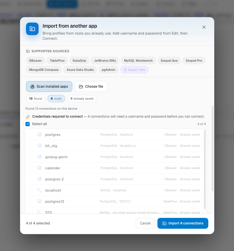 The import dialog listing connections found in DBeaver and TablePlus with checkboxes.
