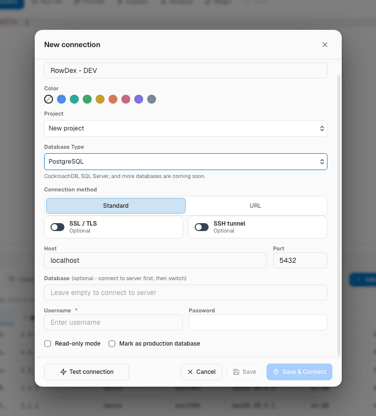 The New connection dialog with PostgreSQL selected and host, port and username filled in.