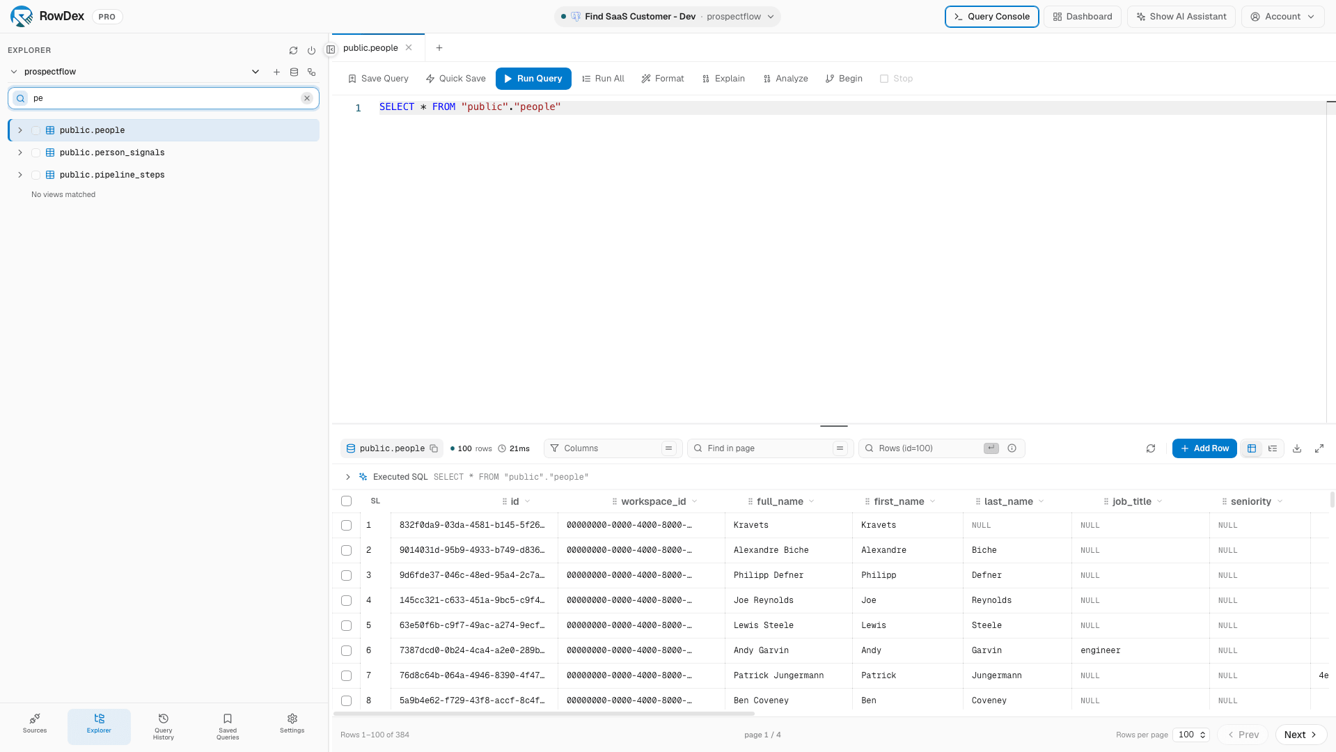 A SQL query in the editor with its results shown in the grid underneath.