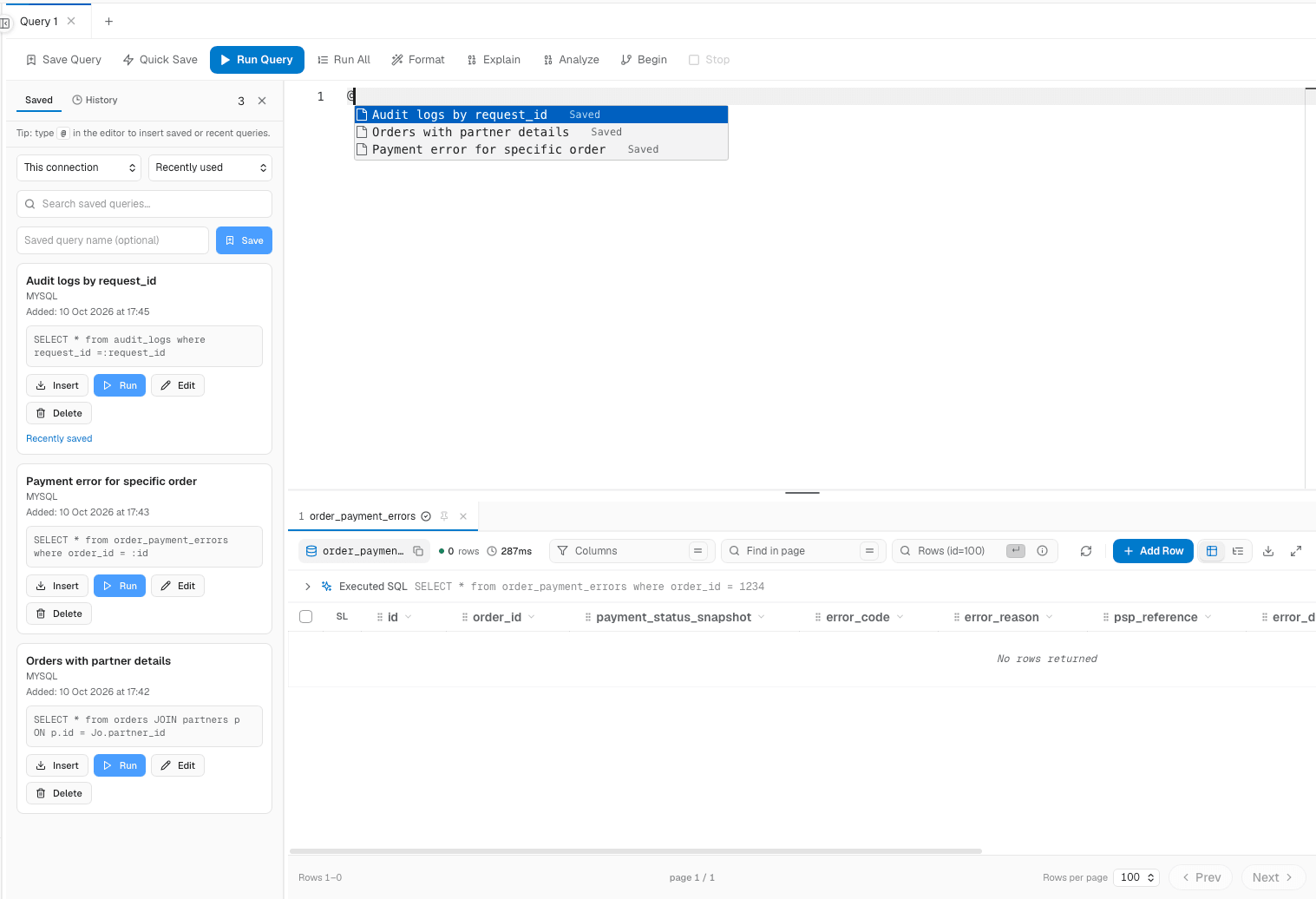The saved queries panel with search, scope and sort controls and a list of saved queries.