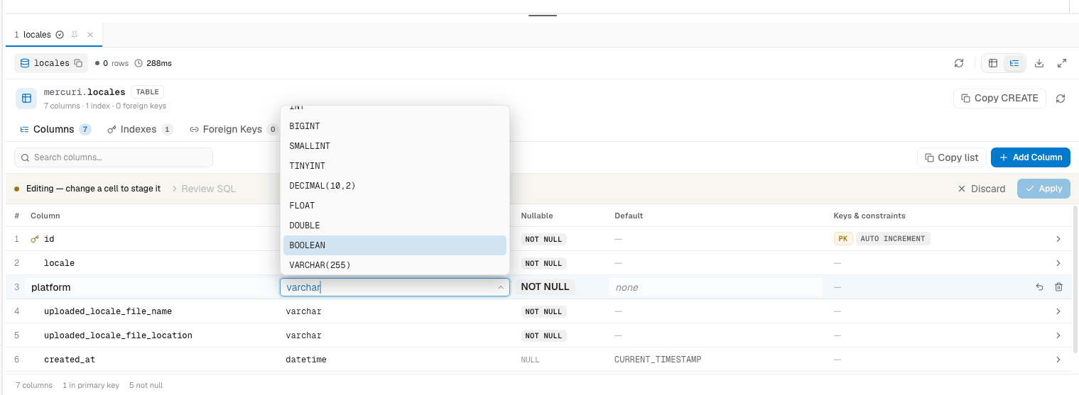 The table structure view on the Columns tab, listing column names, types, nullability, defaults and key badges.